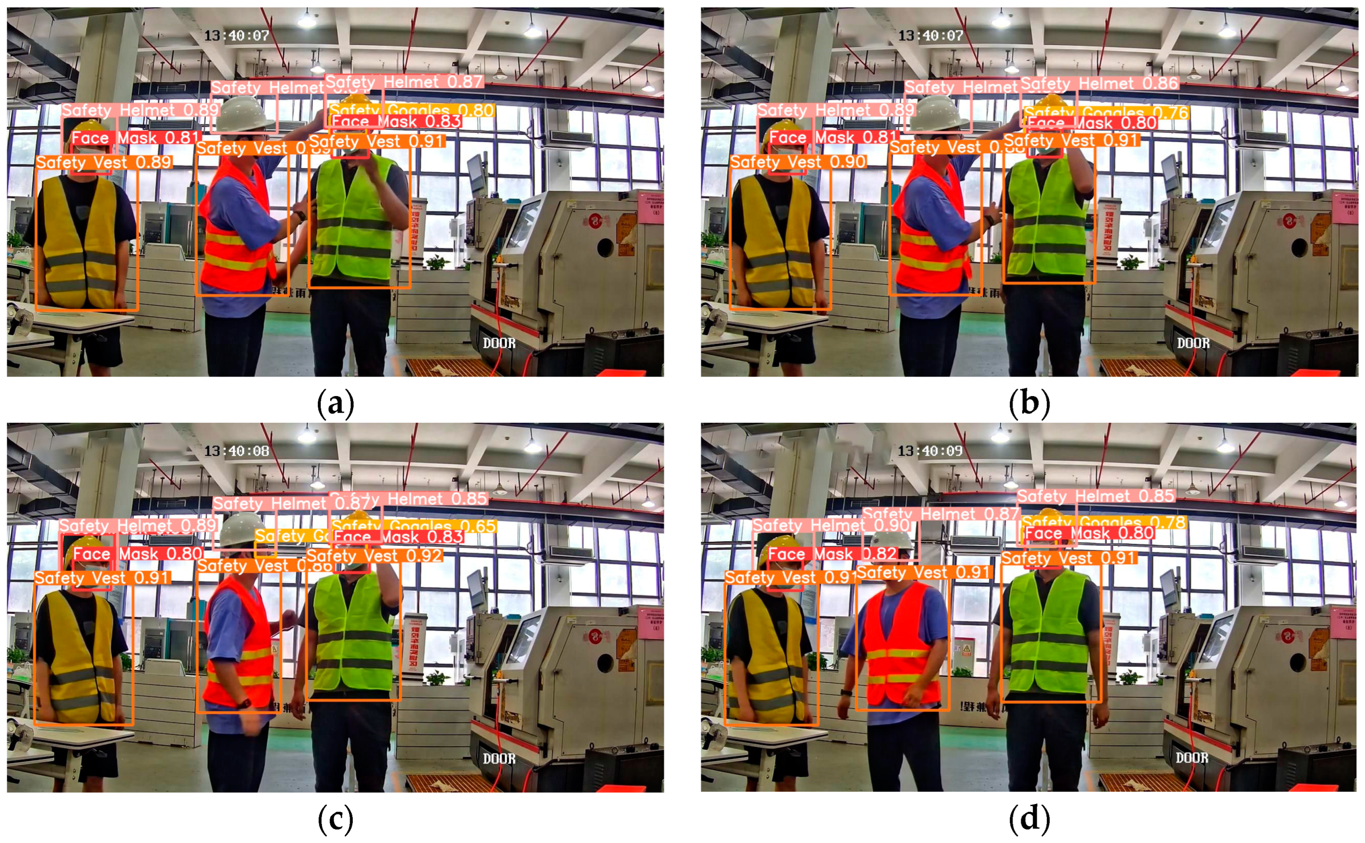 Exemple de détection d’EPI : vestes haute visibilité détectées sur des opérateurs en environnement industriel.